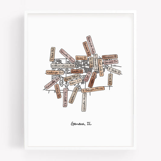 A hand-drawn street map art print of Geneva Illinois - Sparks House Co