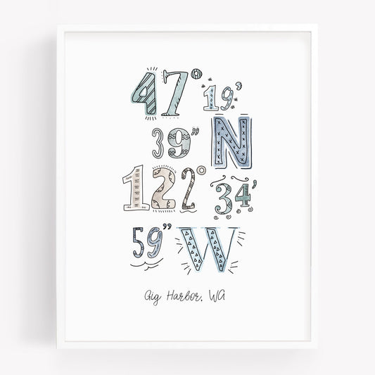 A city art print of a drawing of the coordinates of Gig Harbor WA - Sparks House Co