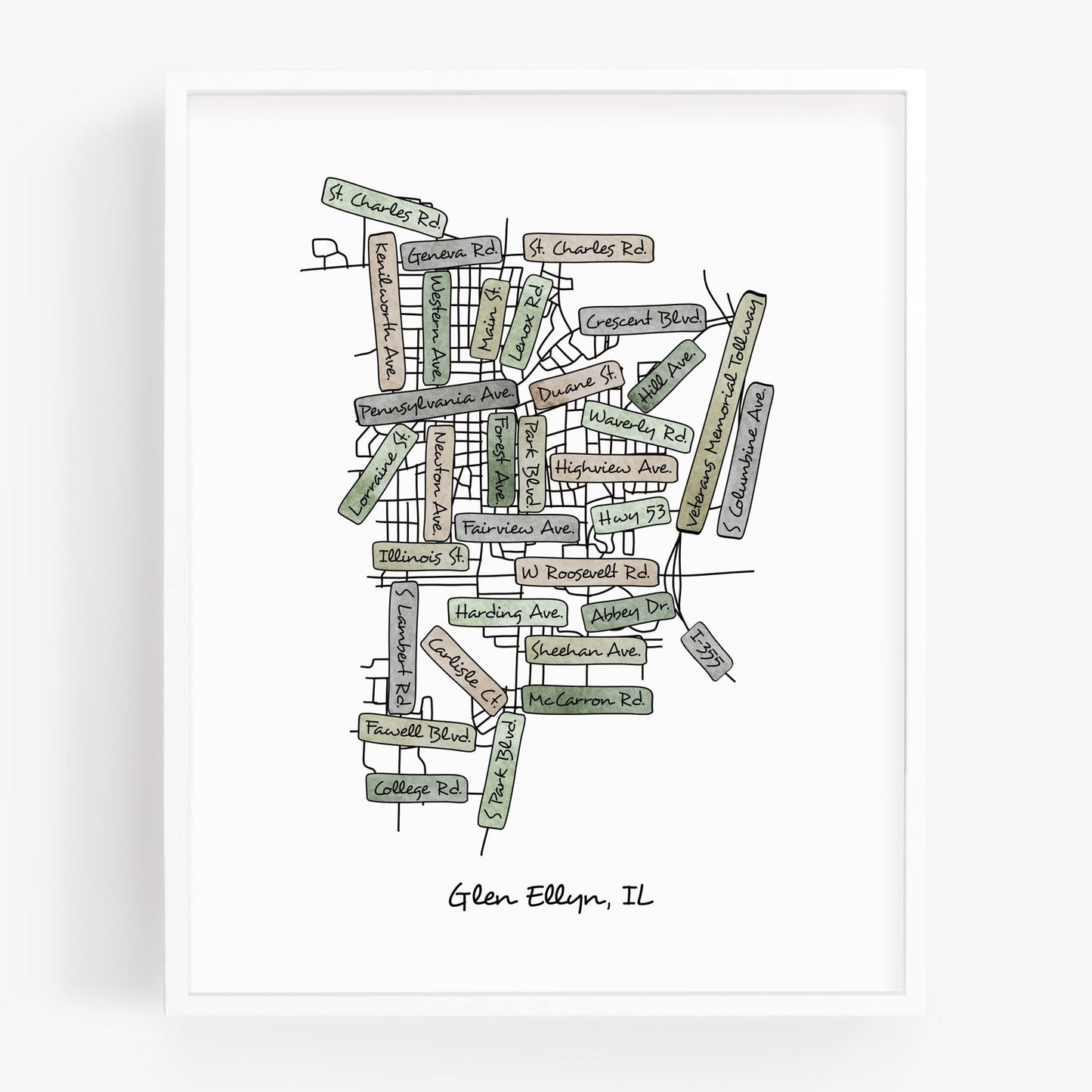 A hand-drawn street map art print of Glen Ellyn Illinois - Sparks House Co