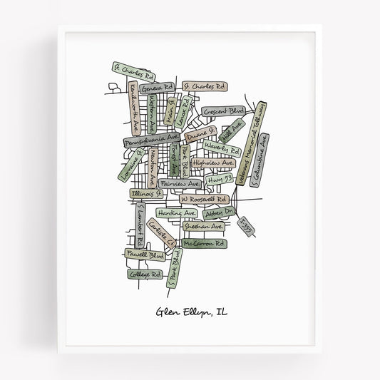 A hand-drawn street map art print of Glen Ellyn Illinois - Sparks House Co