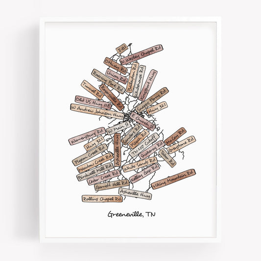 A hand-drawn street map art print of Greeneville Tennessee - Sparks House Co