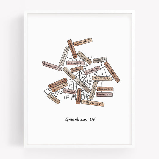 A hand-drawn street map art print of Greenlawn New York - Sparks House Co