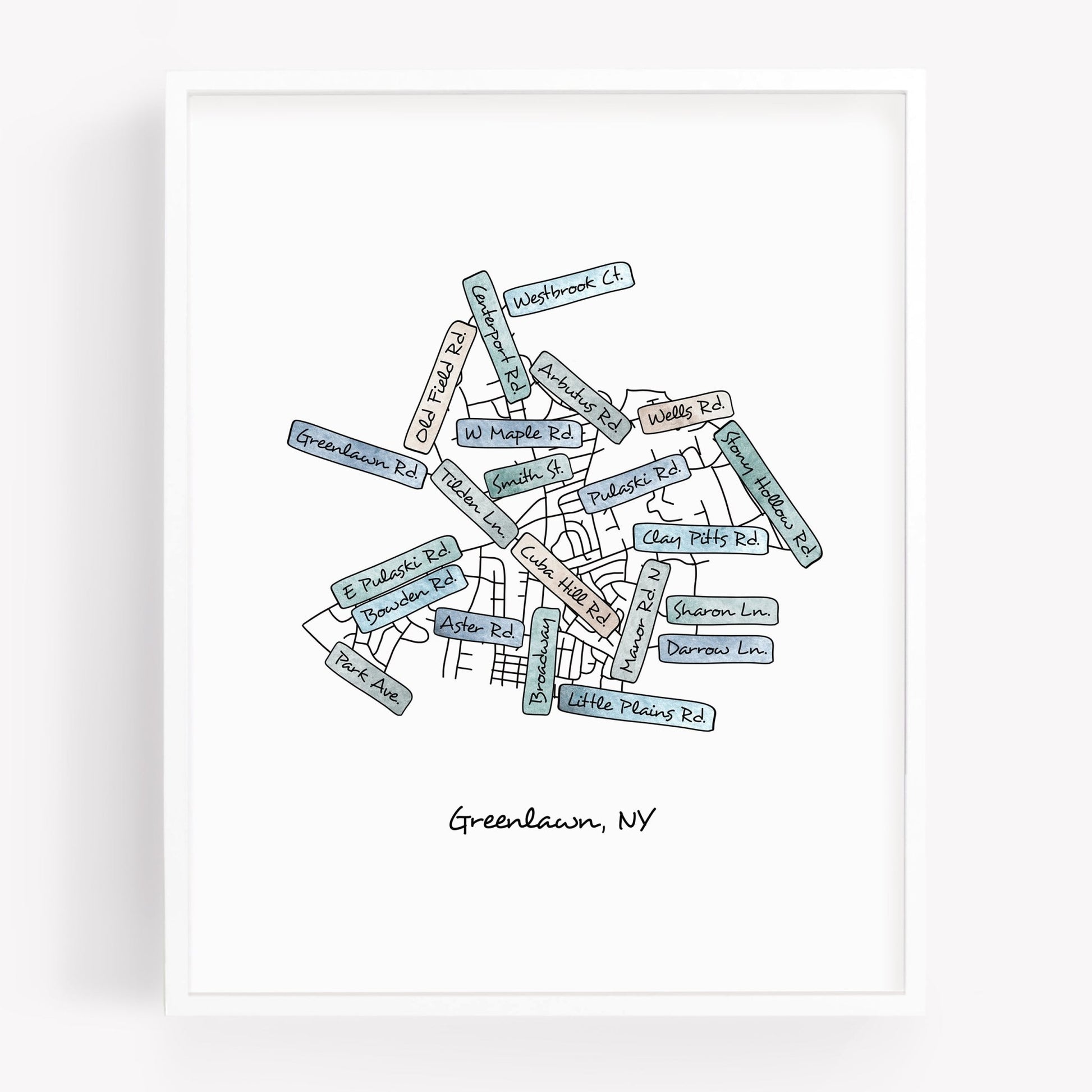 A hand-drawn street map art print of Greenlawn New York - Sparks House Co