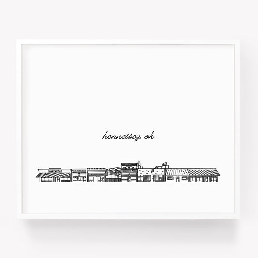 A city art print of a skyline drawing of Hennessey Oklahoma - Sparks House Co