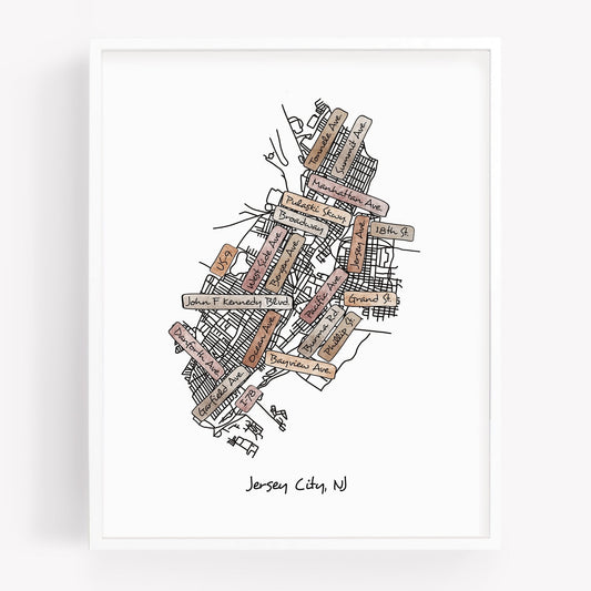A hand-drawn street map art print of Jersey City New Jersey - Sparks House Co
