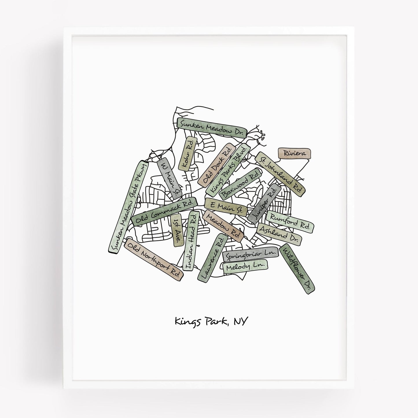 A hand-drawn street map art print of Kings Park New York - Sparks House Co