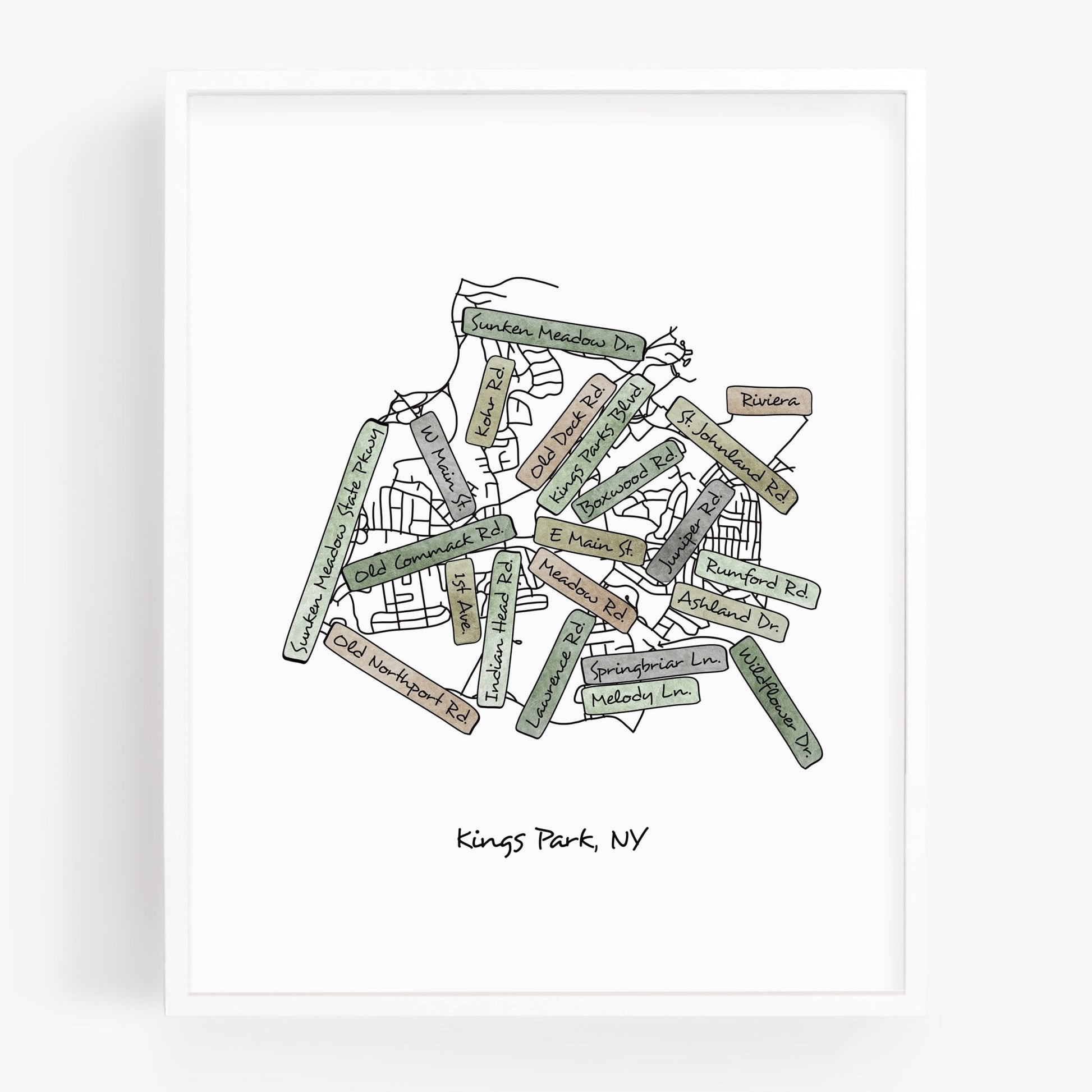 A hand-drawn street map art print of Kings Park New York - Sparks House Co