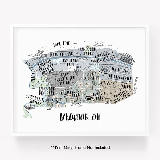 An illustrated map of Lakewood OH, as a print - Sparks House Co
