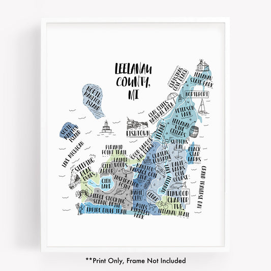 An illustrated map of Leelanau County MI, as a print - Sparks House Co