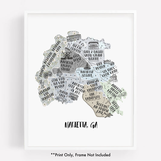 An illustrated map of Marietta GA, as a print - Sparks House Co