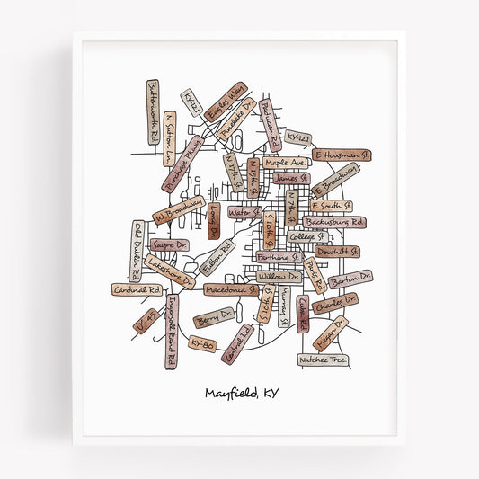 A hand-drawn street map art print of Mayfield Kentucky - Sparks House Co