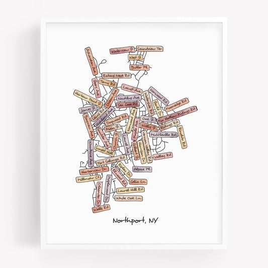 A hand-drawn street map art print of Northport New York - Sparks House Co