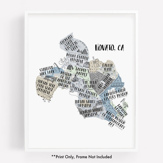 An illustrated map of Novato CA, as a print - Sparks House Co