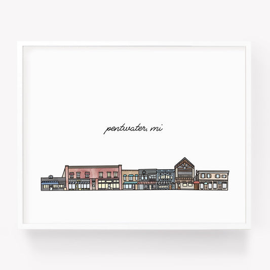 A city art print of a skyline drawing of Pentwater Michigan - Sparks House Co