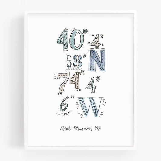 A city art print of a drawing of the coordinates of Point Pleasant NJ - Sparks House Co