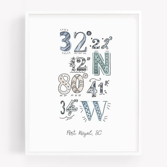 A city art print of a drawing of the coordinates of Port Royal SC - Sparks House Co
