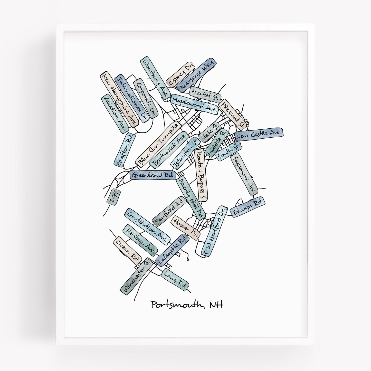 A hand-drawn street map art print of Portsmouth New Hampshire - Sparks House Co