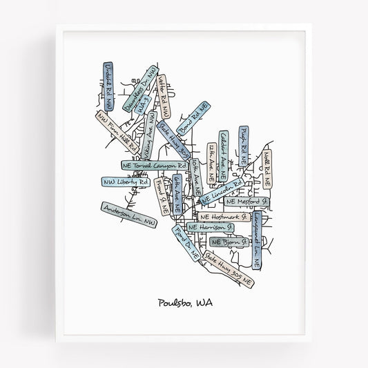 A hand-drawn street map art print of Poulsbo Washington - Sparks House Co