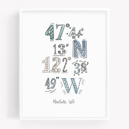 A city art print of a drawing of the coordinates of Poulsbo WA - Sparks House Co