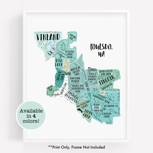 Poulsbo WA Map Print - Hand Drawn Map Poster - City Map Washington Souvenir
