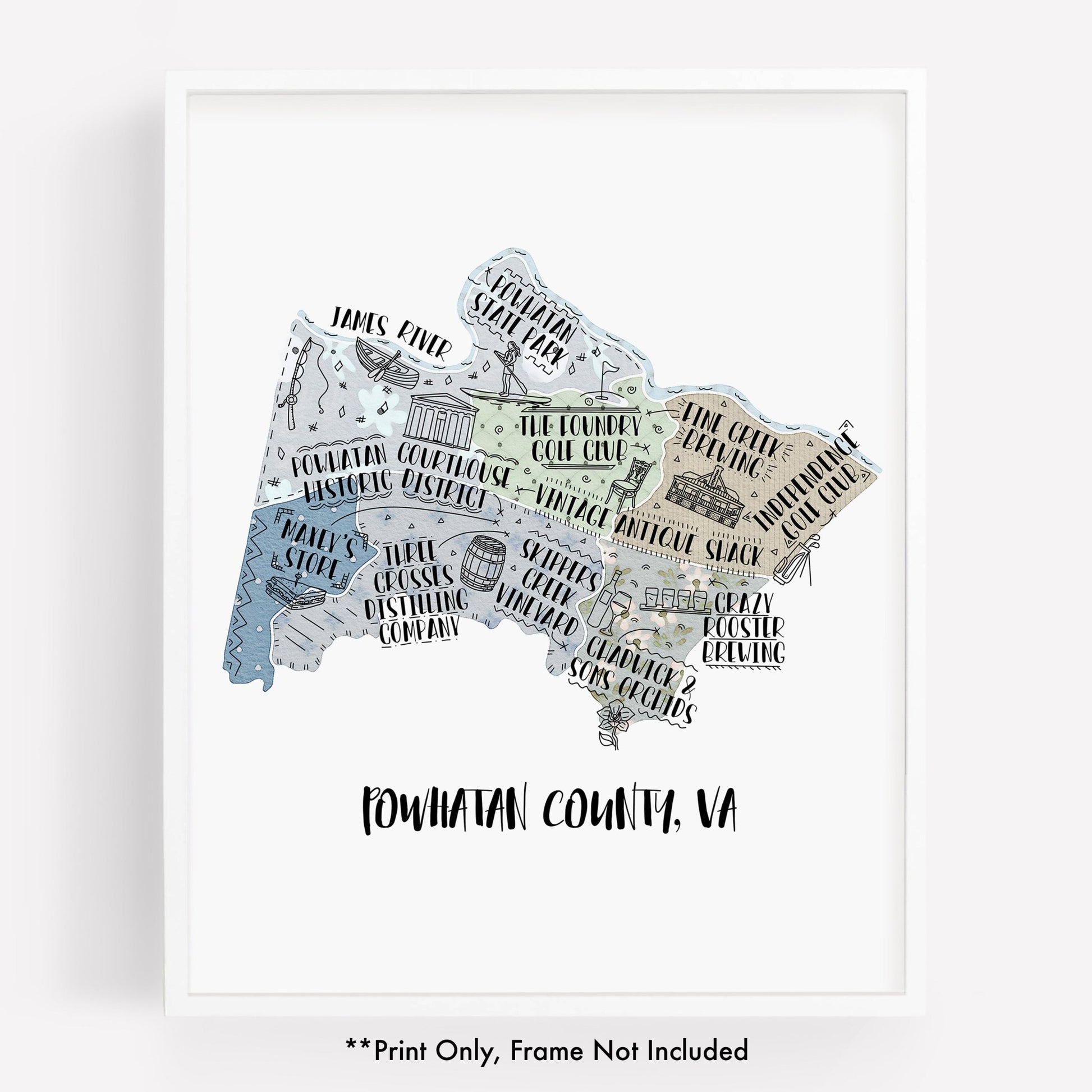 An illustrated map of Powhatan County VA, as a print - Sparks House Co