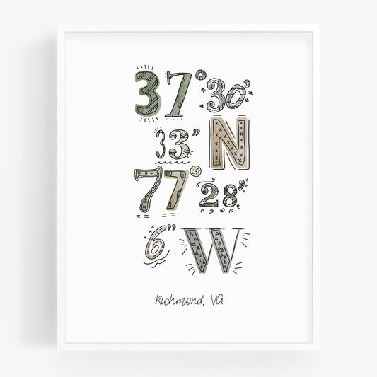 A city art print of a drawing of the coordinates of Richmond VA - Sparks House Co