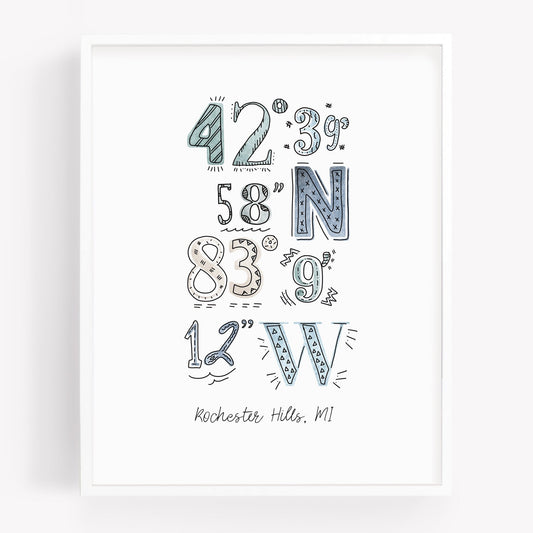 A city art print of a drawing of the coordinates of Rochester Hills MI - Sparks House Co