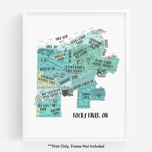 An illustrated map of Rocky River OH, as a print - Sparks House Co