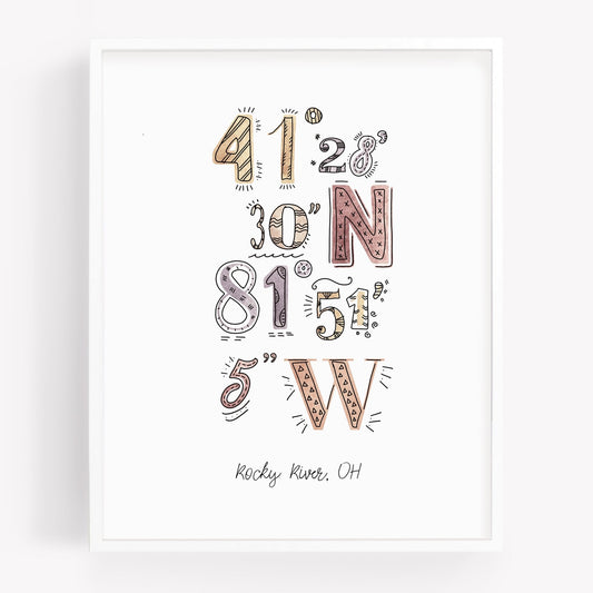 A city art print of a drawing of the coordinates of Rocky River OH - Sparks House Co