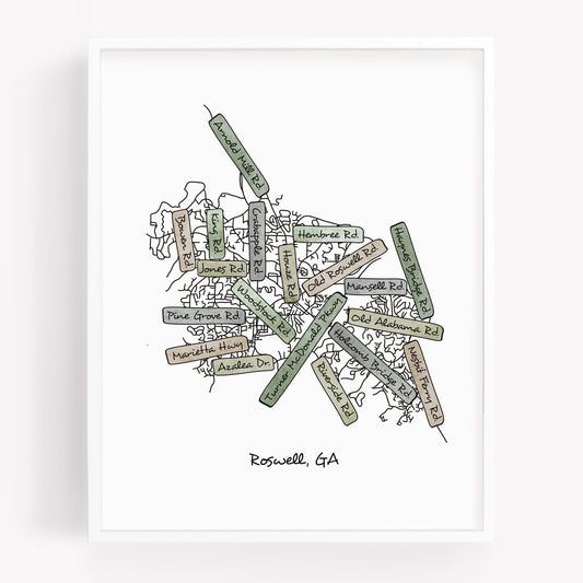 A hand-drawn street map art print of Roswell Georgia - Sparks House Co
