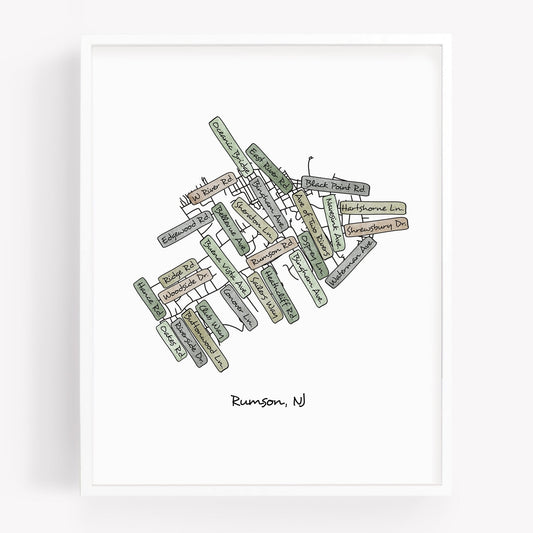 A hand-drawn street map art print of Rumson New Jersey - Sparks House Co