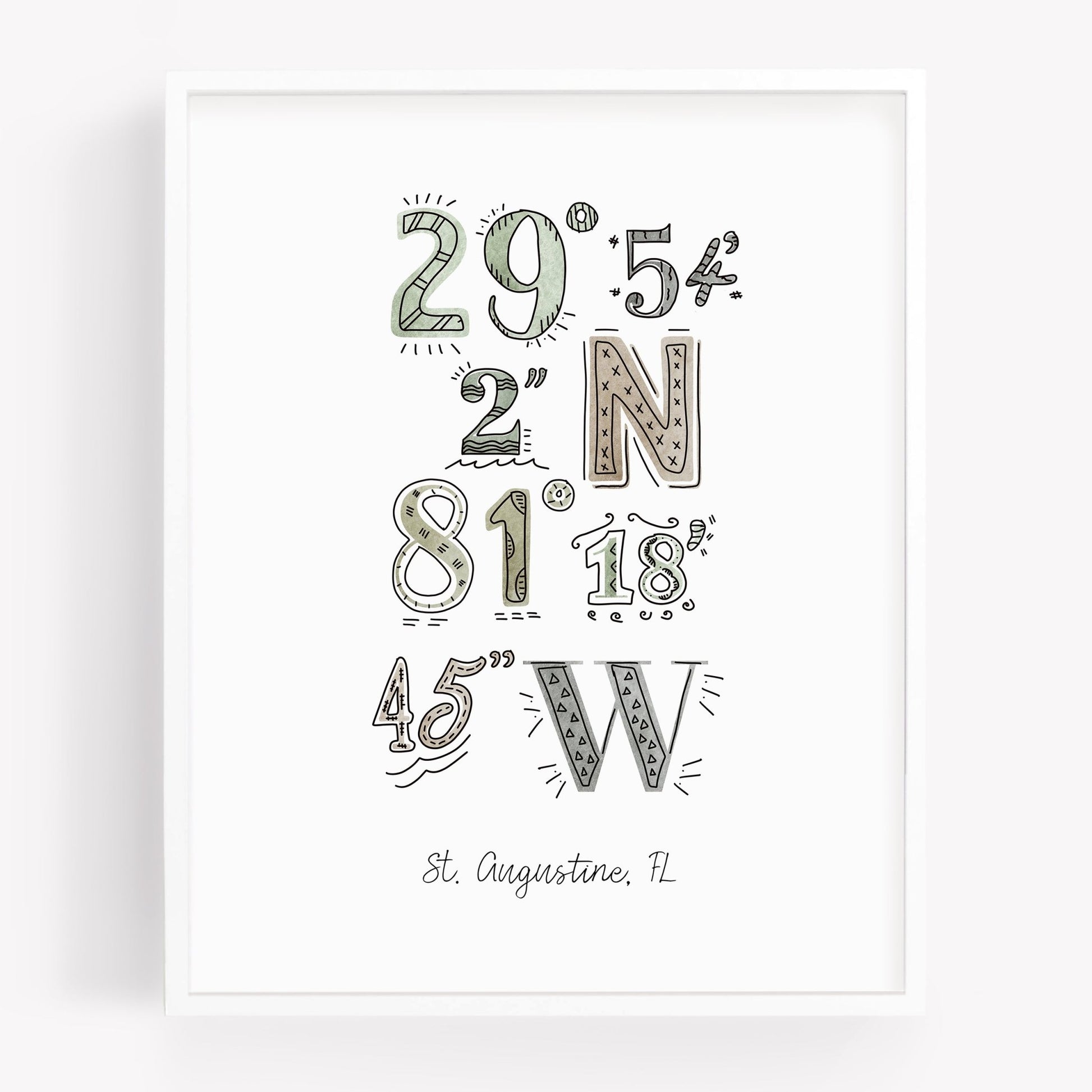 A city art print of a drawing of the coordinates of St. Augustine FL - Sparks House Co