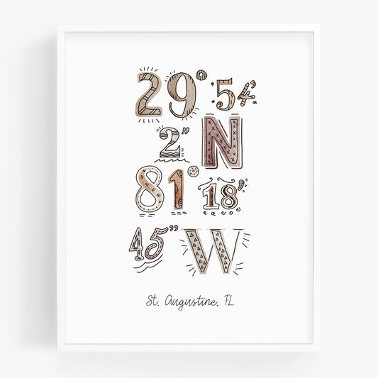 A city art print of a drawing of the coordinates of St. Augustine FL - Sparks House Co