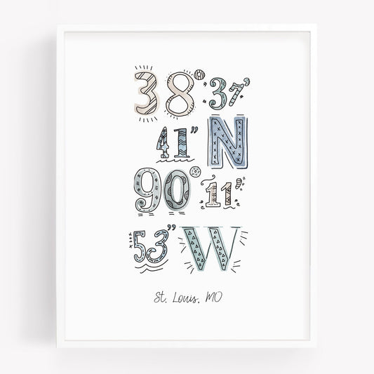 A city art print of a drawing of the coordinates of St. Louis MO - Sparks House Co