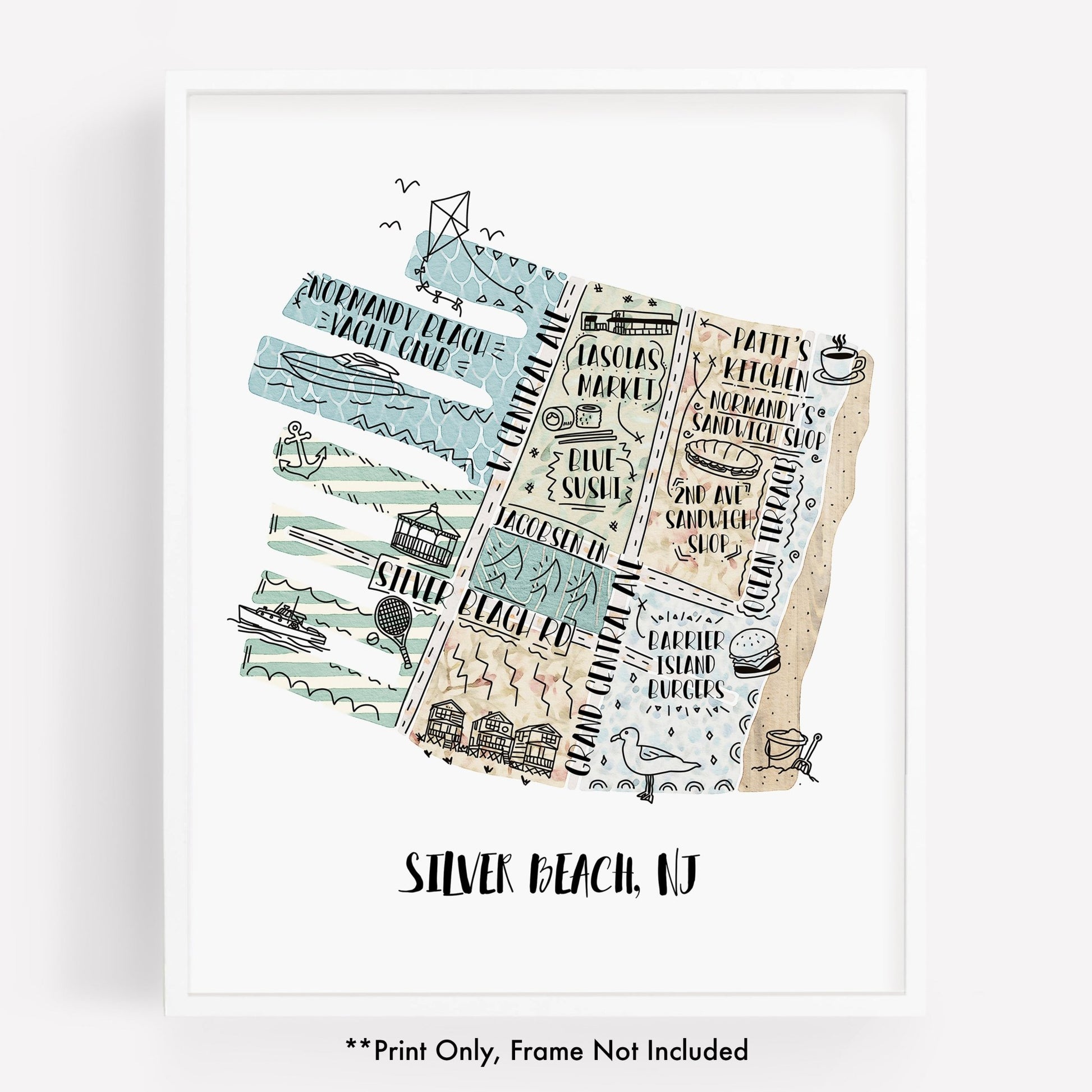 An illustrated map of Silver Beach NJ, as a print - Sparks House Co