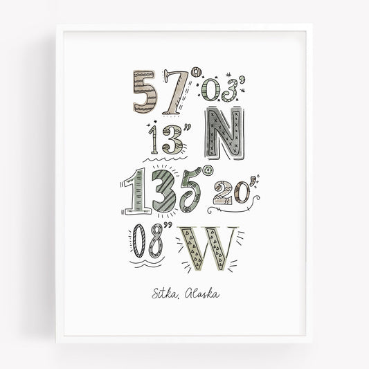 A city art print of a drawing of the coordinates of Sitka Alaska - Sparks House Co