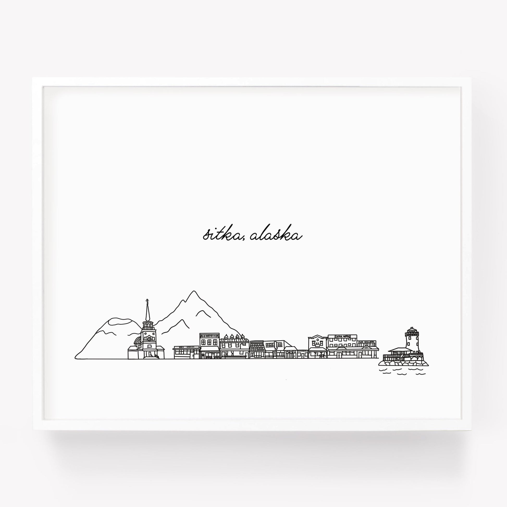 A city art print of a skyline drawing of Sitka Alaska - Sparks House Co