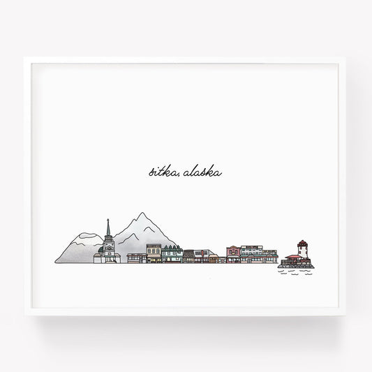 A city art print of a skyline drawing of Sitka Alaska - Sparks House Co