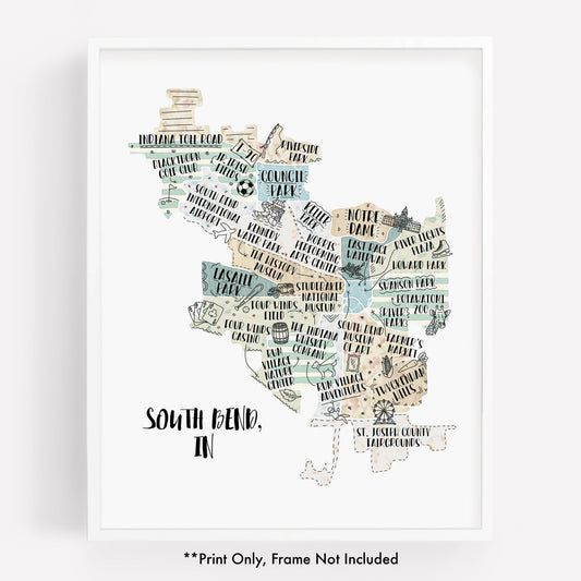 An illustrated map of South Bend Indiana, as a print - Sparks House Co