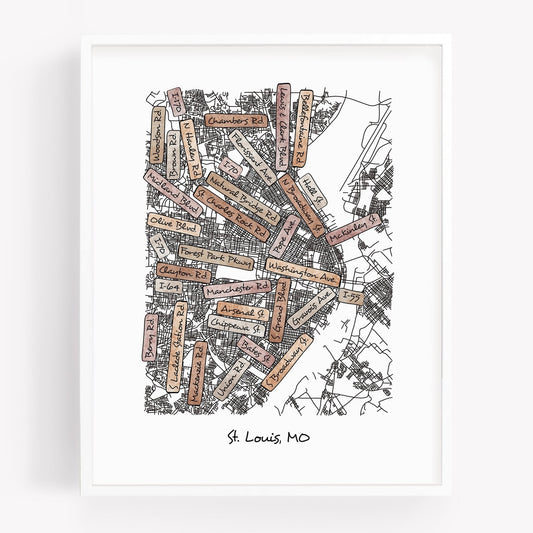 A hand-drawn street map art print of St. Louis Missouri - Sparks House Co