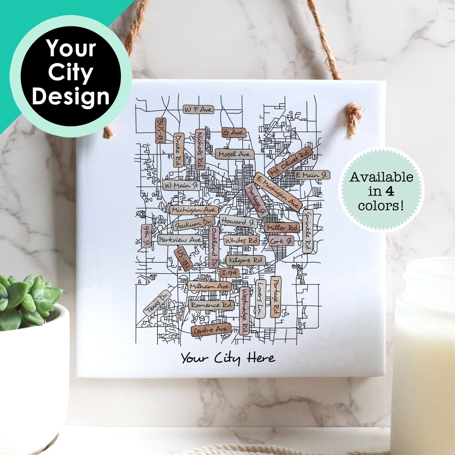 Custom Street Map Hanging Tile Sign - Local Map Gift of Your City - Square