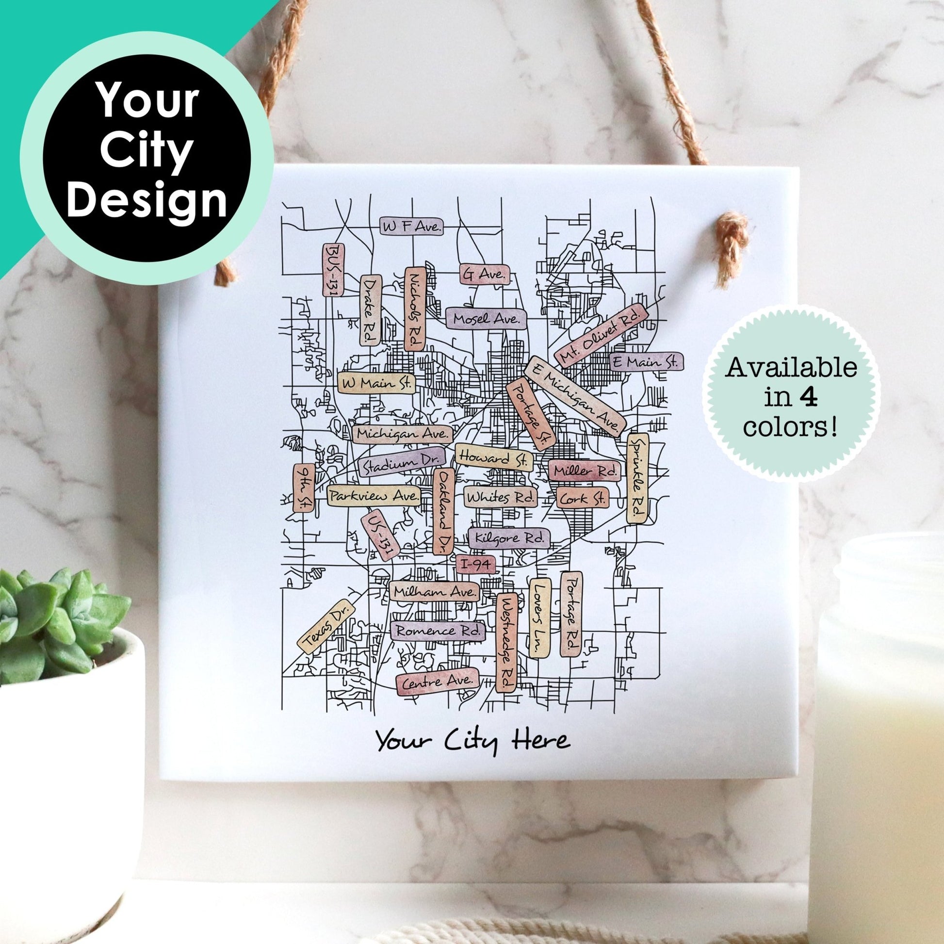 Custom Street Map Hanging Tile Sign - Local Map Gift of Your City - Square