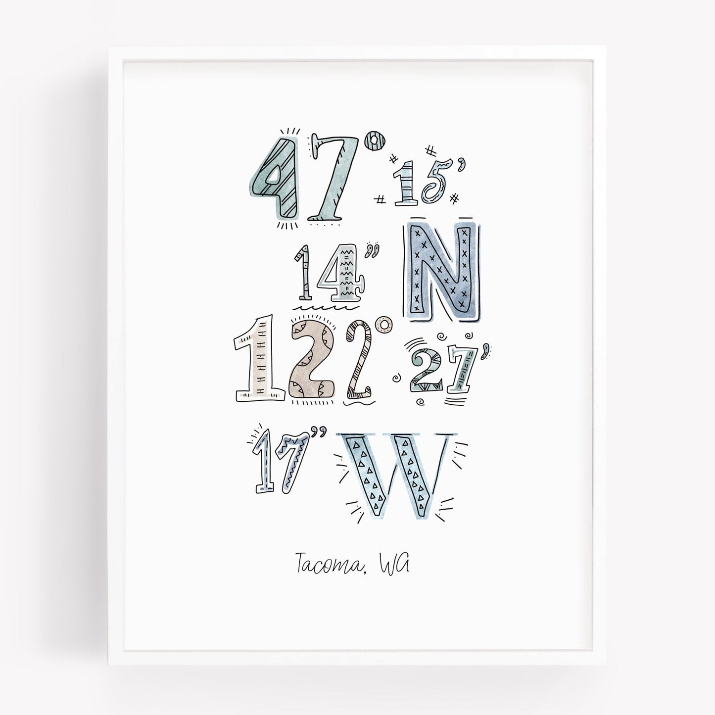 A city art print of a drawing of the coordinates of Tacoma WA - Sparks House Co