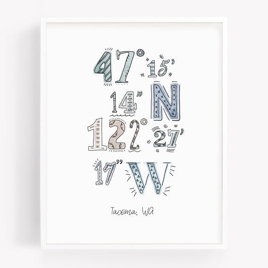 A city art print of a drawing of the coordinates of Tacoma WA - Sparks House Co