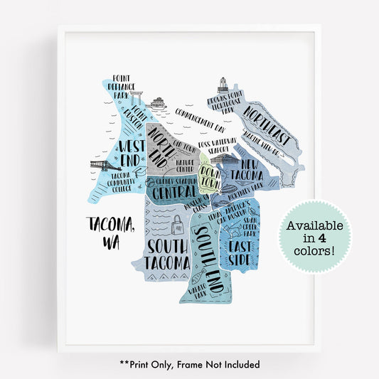Tacoma WA Map Print - Hand Drawn Map Poster - City Map Washington Souvenir