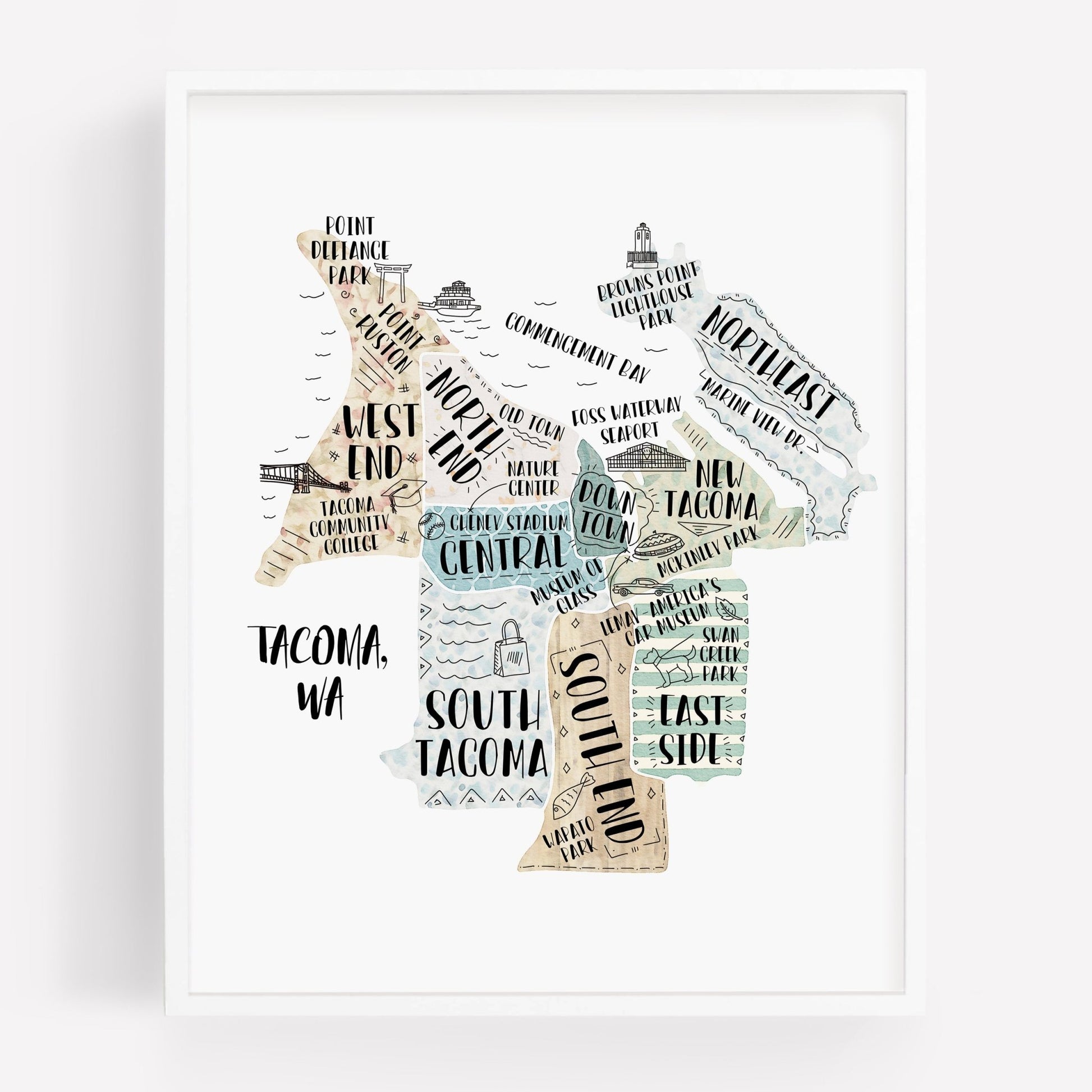 An illustrated map of Tacoma WA, as a print - Sparks House Co