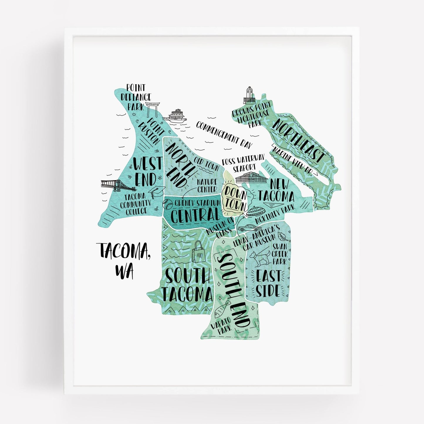 An illustrated map of Tacoma WA, as a print - Sparks House Co