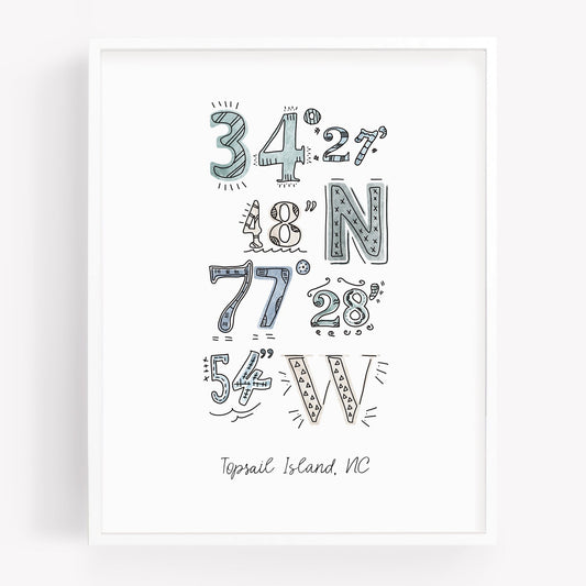 A city art print of a drawing of the coordinates of Topsail Island NC - Sparks House Co