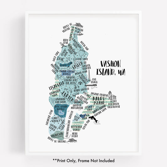 An illustrated map of Vashon Island WA, as a print - Sparks House Co